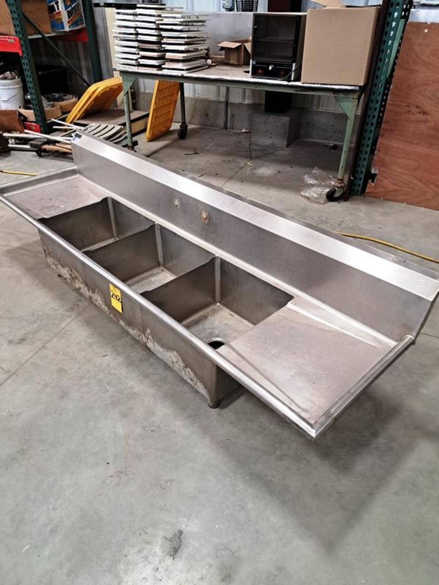 Stainless Steel Sink, 18" wide X 89" long, 3-bowls, space for single faucet (missing legs) NO HAND