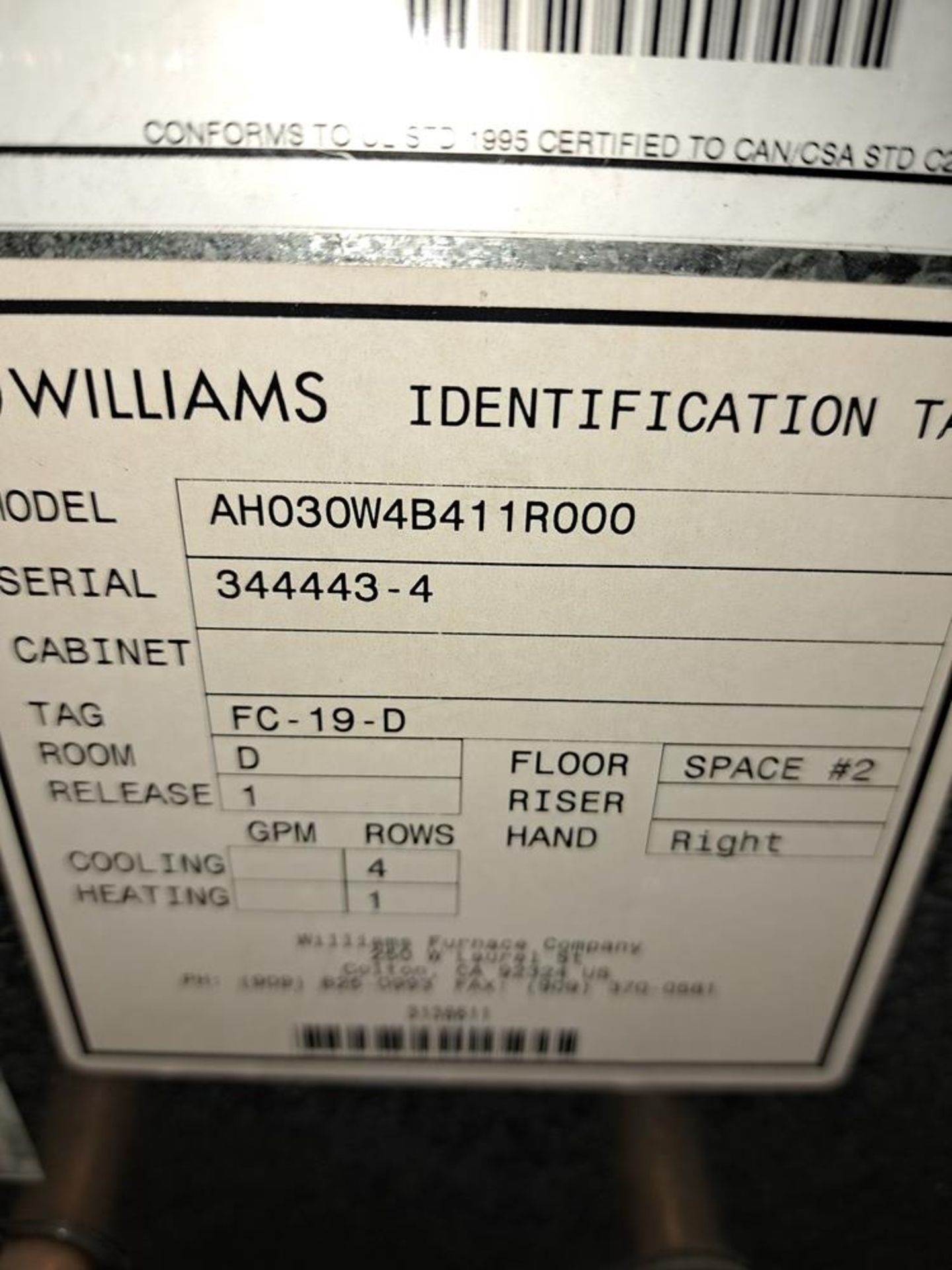 Williams Mdl. #AH030WB11R000 Fan Coil, Ser. #344443-4, 120 volts (New/Unused In Crate)spanphoto - Image 4 of 5