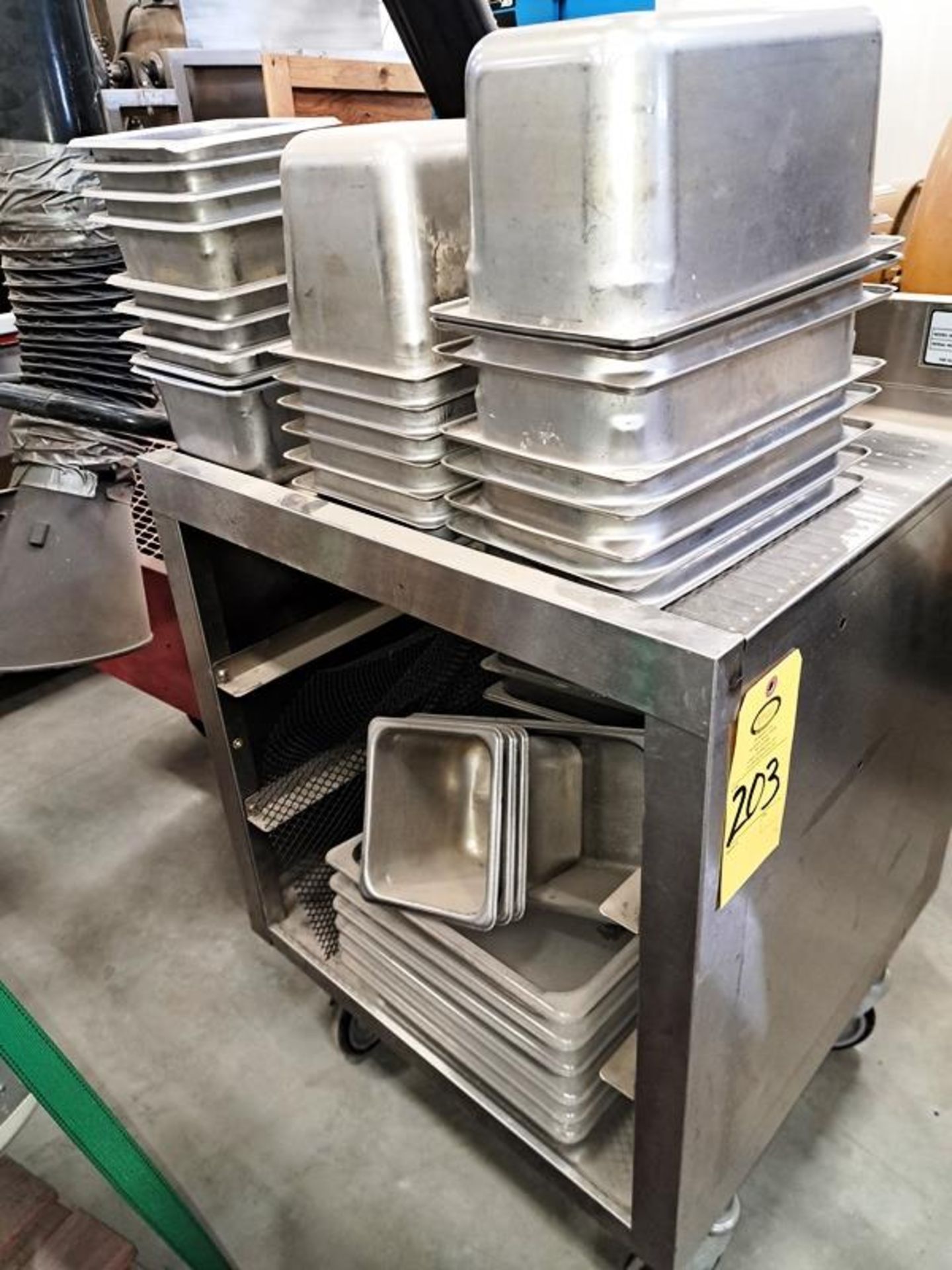 Lot (1) Stainless Steel Cart with stainless steel and plastic pots (Required Loading Fee: $25.00) NO