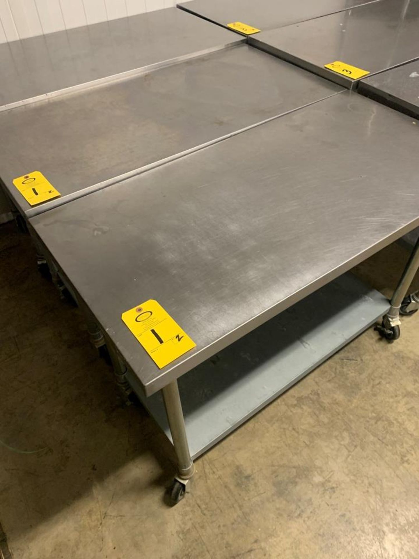 Nexel Work Tables, 48" X 24" X 34", stainless steel top, galvanized bottom shelf on casters (