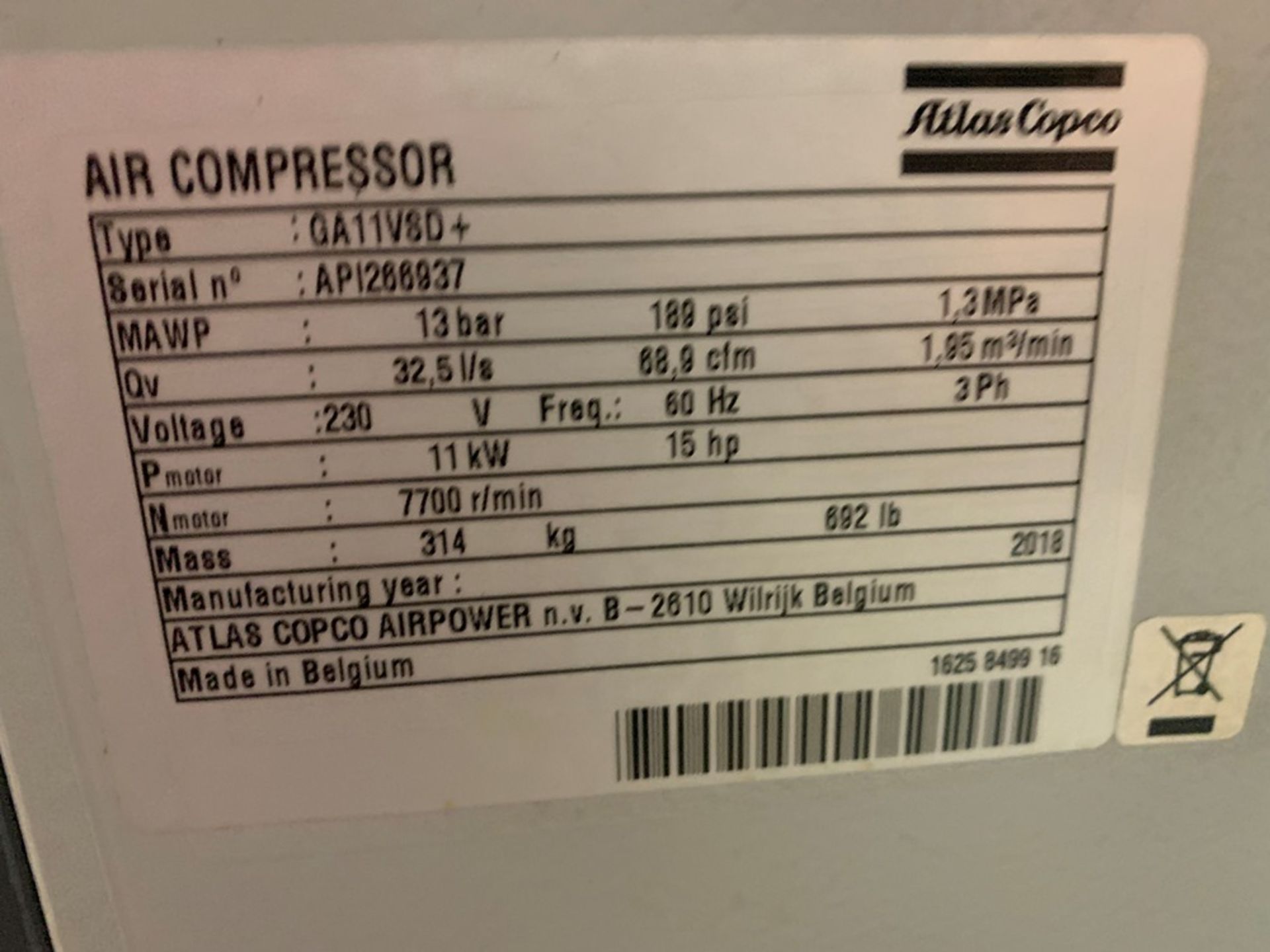 Atlas Copco Mdl. GA11VSDT Rotary Screw Air Compressor, Ser. #AP1266937, 15 h.p., 230 volts, 3 - Image 4 of 6