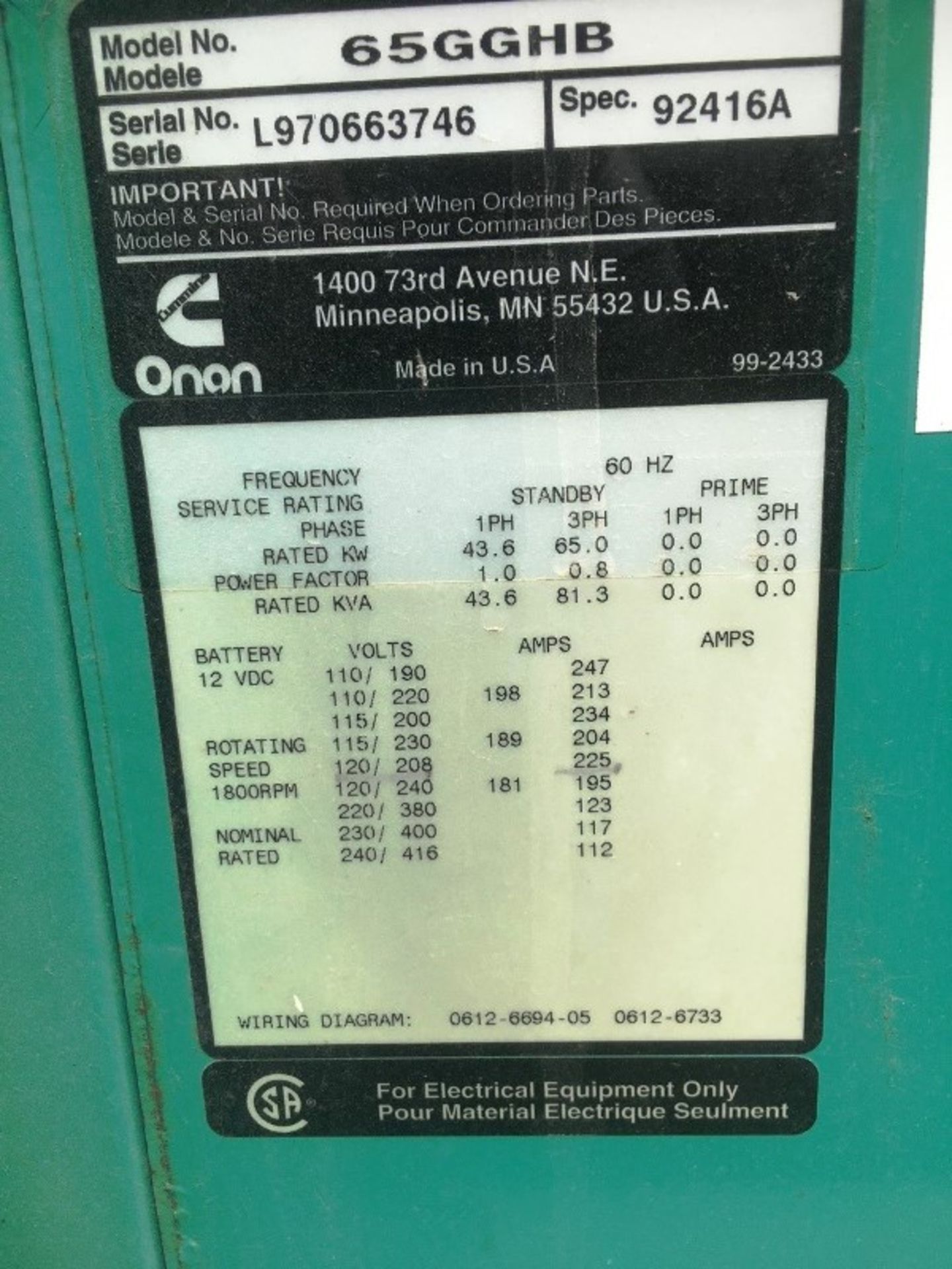 Onan Mdl. 65GGHB Generator, Ser. #L970663746 natural gas, single phase/3phase, 60 Hz, battery 12 - Image 8 of 9