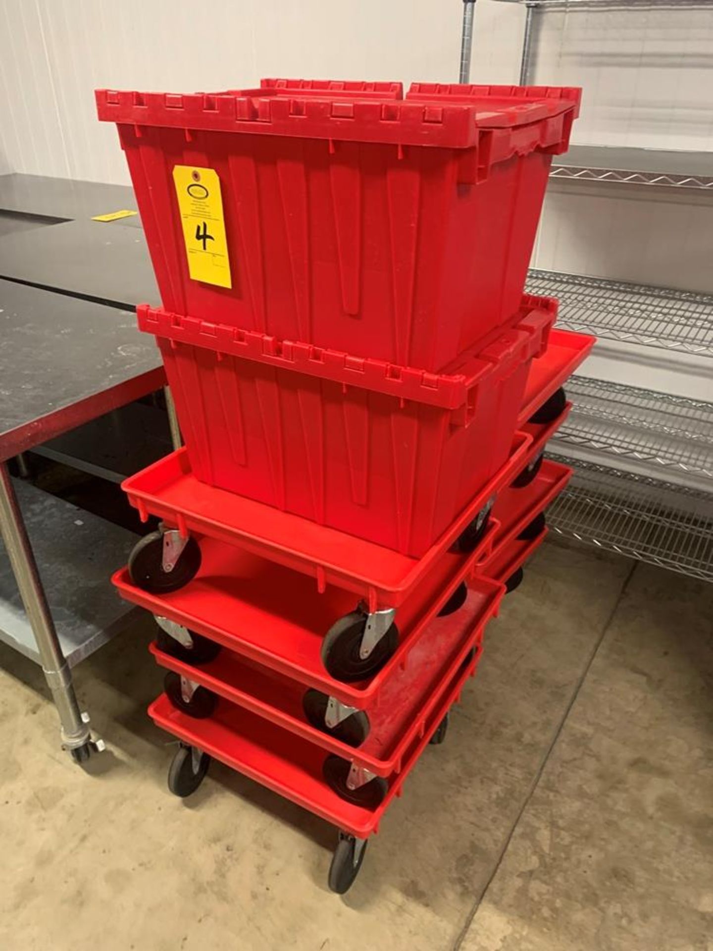 Lot of (4) Red Totes, 20" X 15" X 12" with folding lids, (8) Dollies, 20" X 20" - Image 2 of 2