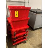 Lot of (2) Red Totes, 20" X 15" X 12" with folding lids, (8) Dollies, 20" X 20" (Required Loading