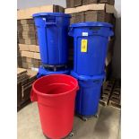 Lot Brute Barrels, (4) Blue Barrels with lids, (1) Red