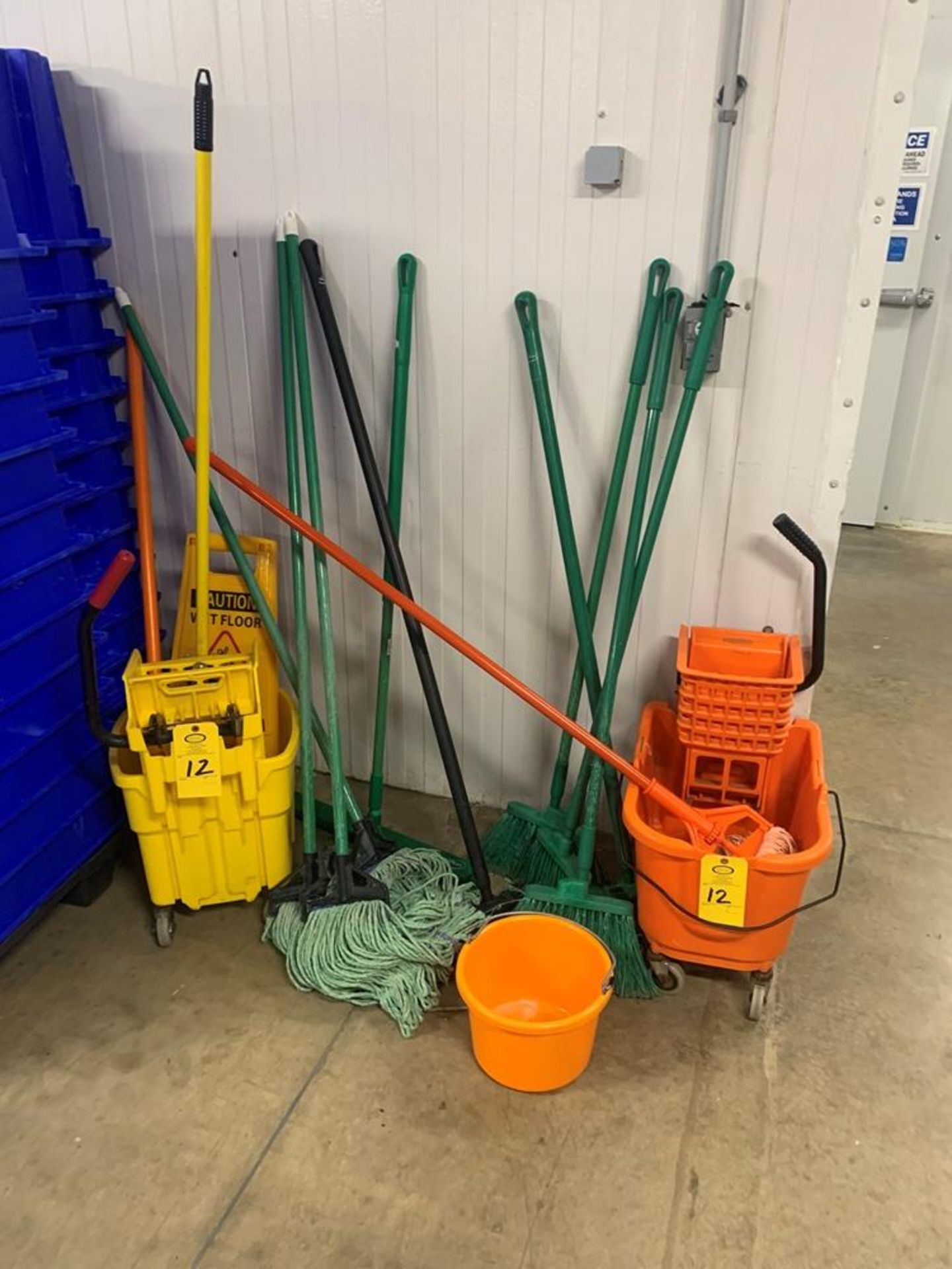 Lot (2) Mop Bucket, Mops and Brooms (Required Loading Fee: $15.00) NO HAND CARRY (Price Is For