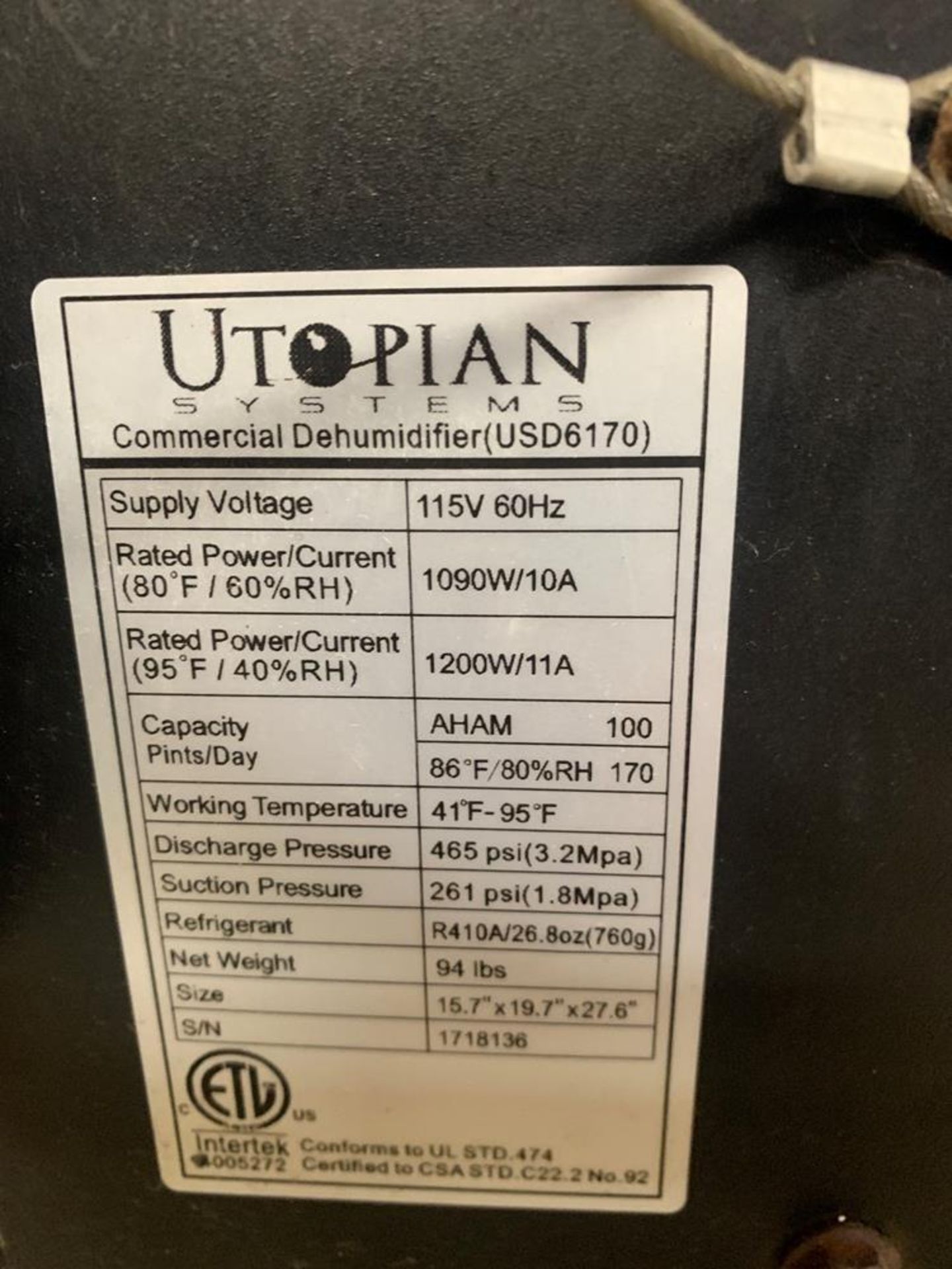 Utopian Mdl. USD6170 Dehumidifier, 115 volts, 100 pints per day, (2) agitators - Image 3 of 3
