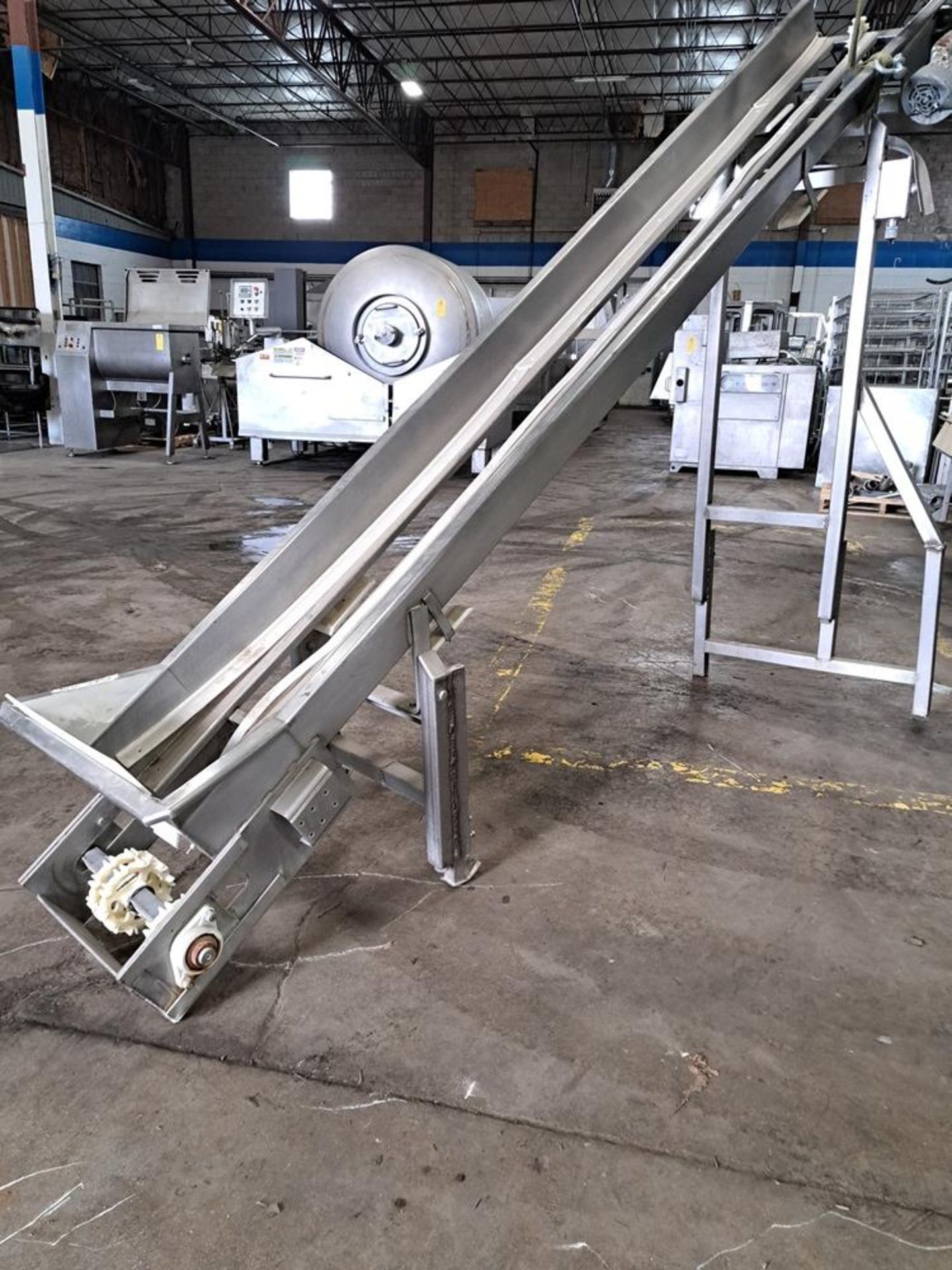 Stainless Steel Incline Conveyor (will accept 16" wide X approx. 14' long belt), 24" infeed, 8'