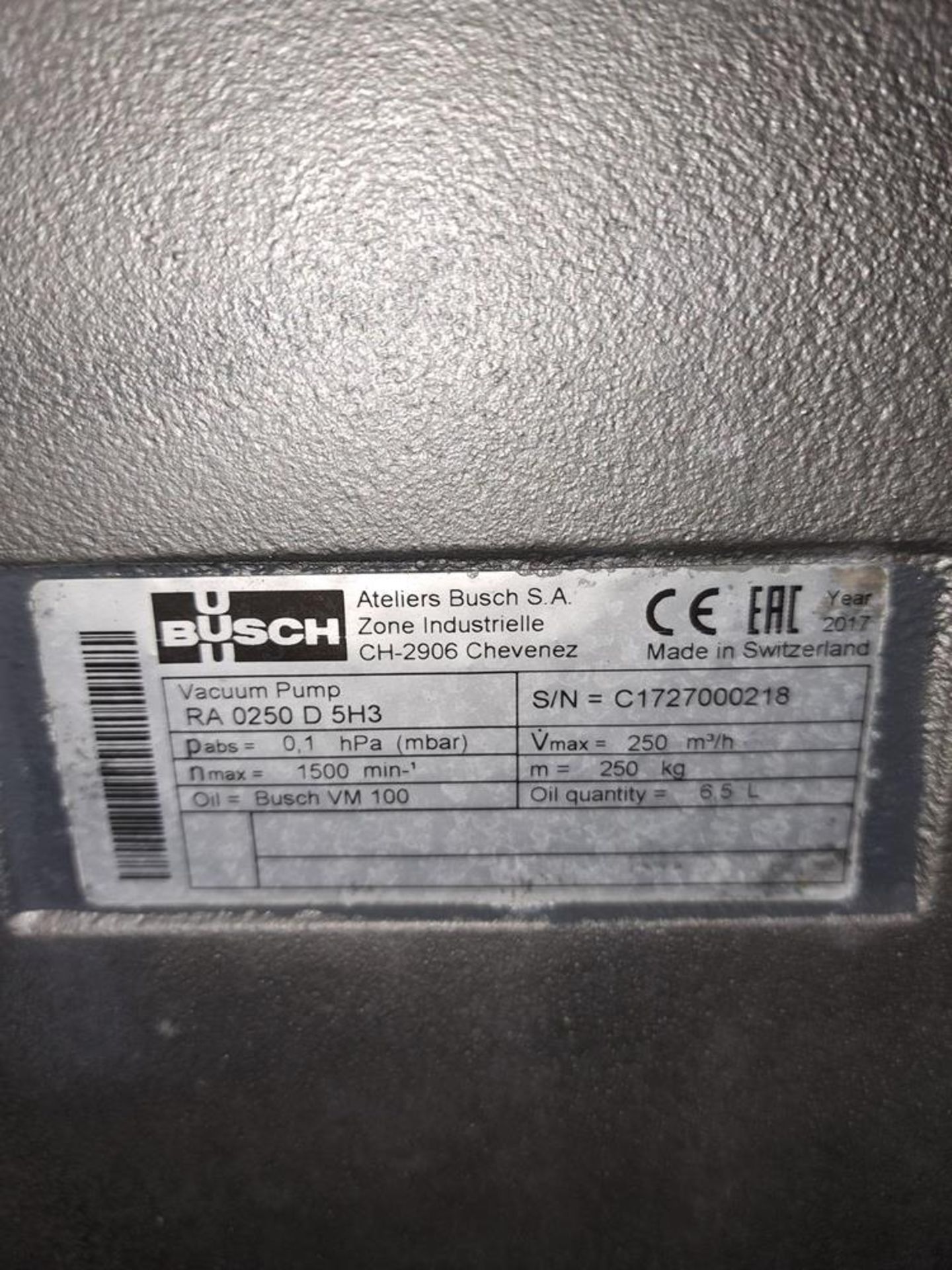 Busch Mdl. RA0250D5H3 Vacuum Pump, 7.5 KW, 3 phase, 60 hz motor, Ser. #C172700021B (Located in - Image 4 of 4