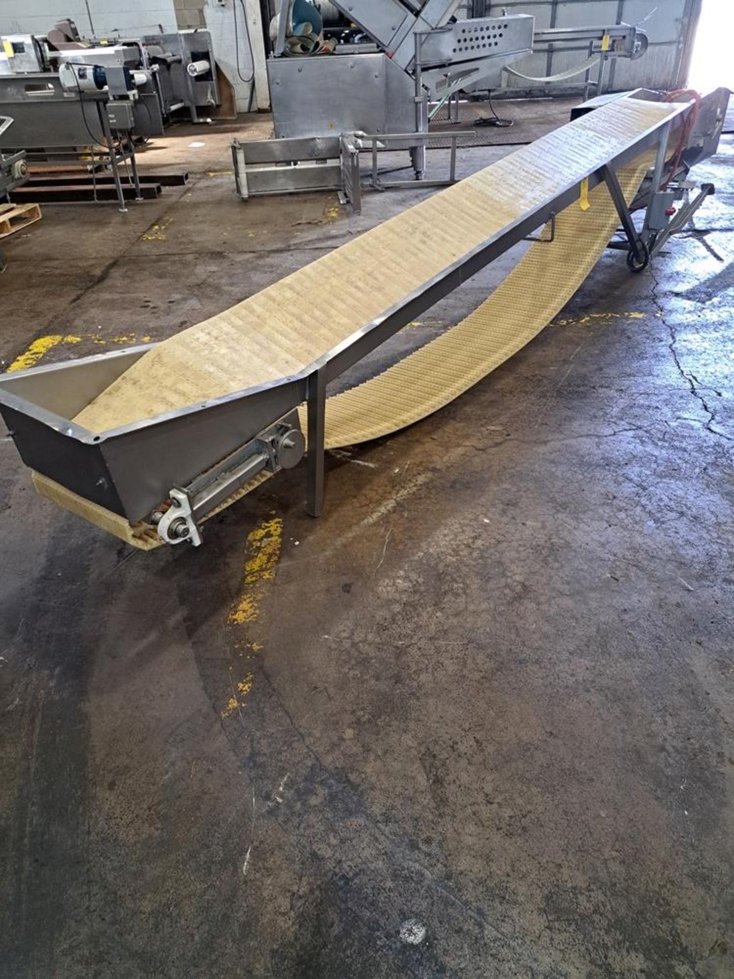 Stainless Steel Incline Conveyor, 16" wide X 15' long plastic belt, 24" infeed, approx. 4'