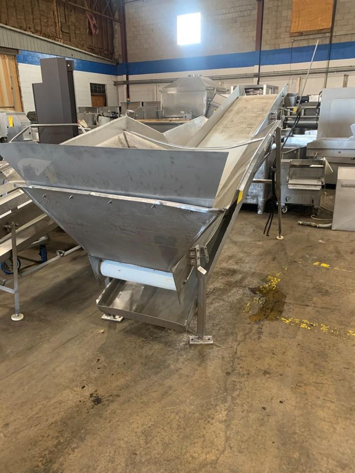 Incline Intralox Conveyor, 24" wide X 13' long belt with hopper, 70" discharge height (Located in - Image 3 of 8