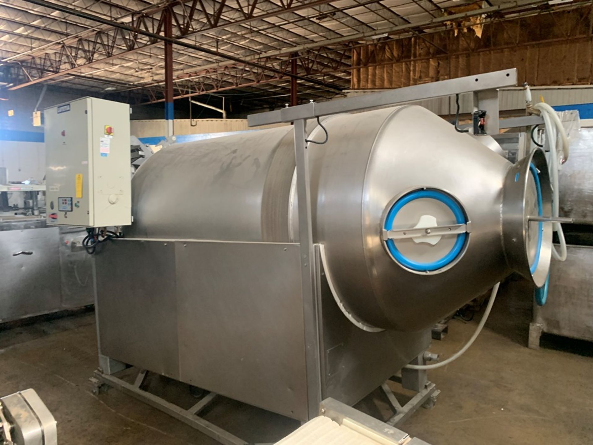 Lutetia Vacuum Tumbler, 7' long X 4' diameter drum, all stainless steel, PLC controls with vacuum