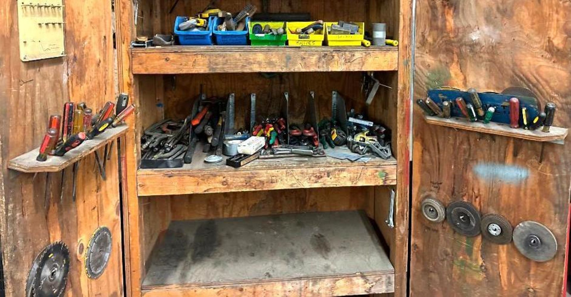 WOODEN TOOL CABINET WITH TOOLS