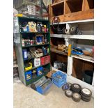 SHELVING UNIT WITH CONTENTS AND SMALL ASSORTED HARDWARE ON FLOOR