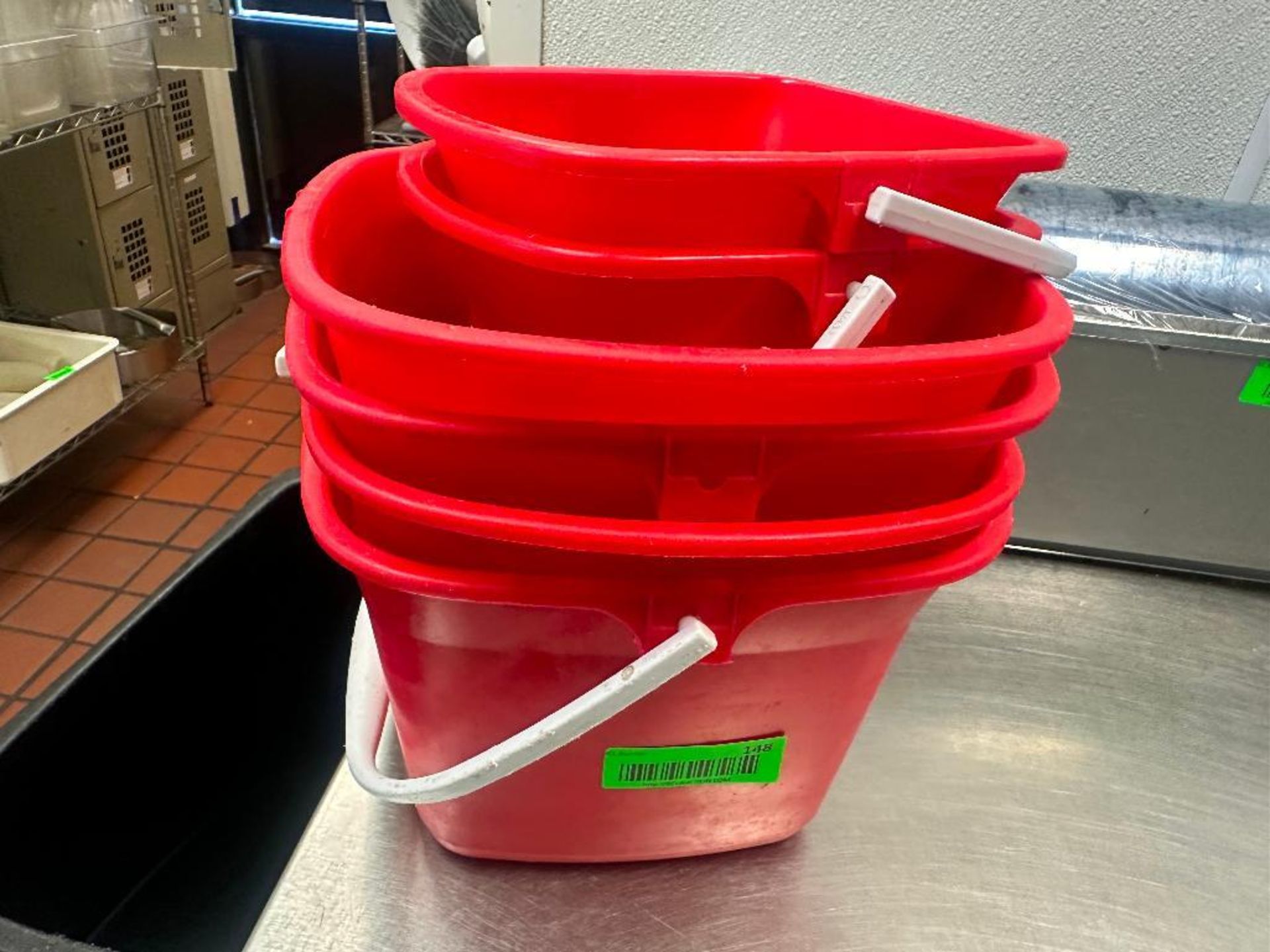 DESCRIPTION (5) ASSORTED RED PLASTIC CLEANING BUCKETS. THIS LOT IS: ONE MONEY LOCATION 7399 O'Connor