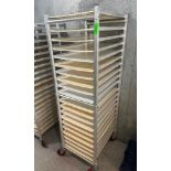 DESCRIPTION TWENTY PAN ROLL ABOUT TRAY RACK W/ CONTENTS - PLASTIC DOUGH BOARDS. BRAND / MODEL: WIN H