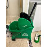 DESCRIPTION GREEN MOP BUCKET W/ BROOM AND DUST PAN THIS LOT IS: ONE MONEY LOCATION �5017 Teasley Lan