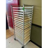 DESCRIPTION TWENTY PAN ROLL ABOUT TRAY RACK W/ CONTENTS - PLASTIC DOUGH BOARDS. BRAND / MODEL: WIN H