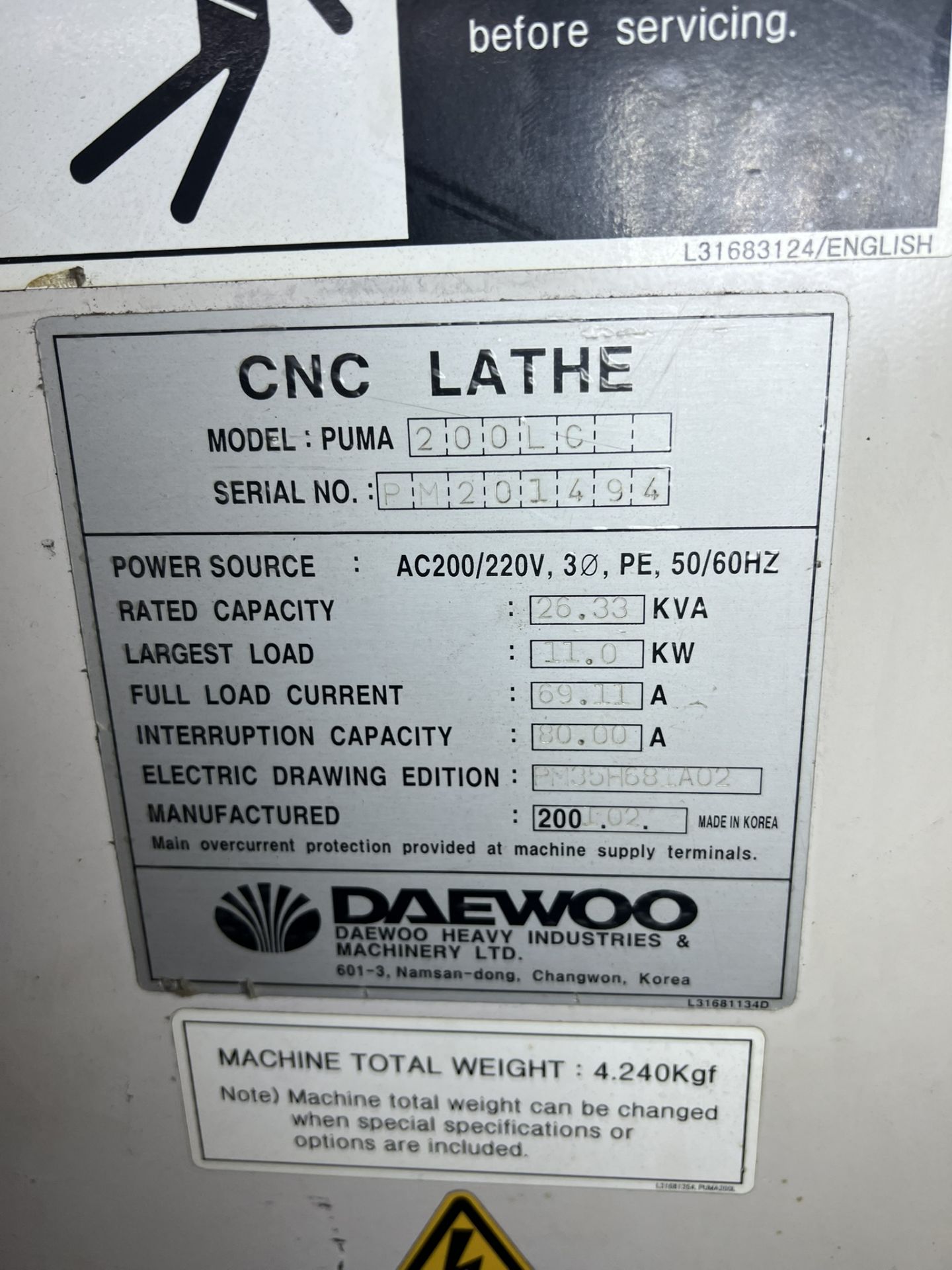 2001 Daewoo Puma 200GL CNC, with chip conveyor, does not power on Model #200LC, Serial# - Image 4 of 13