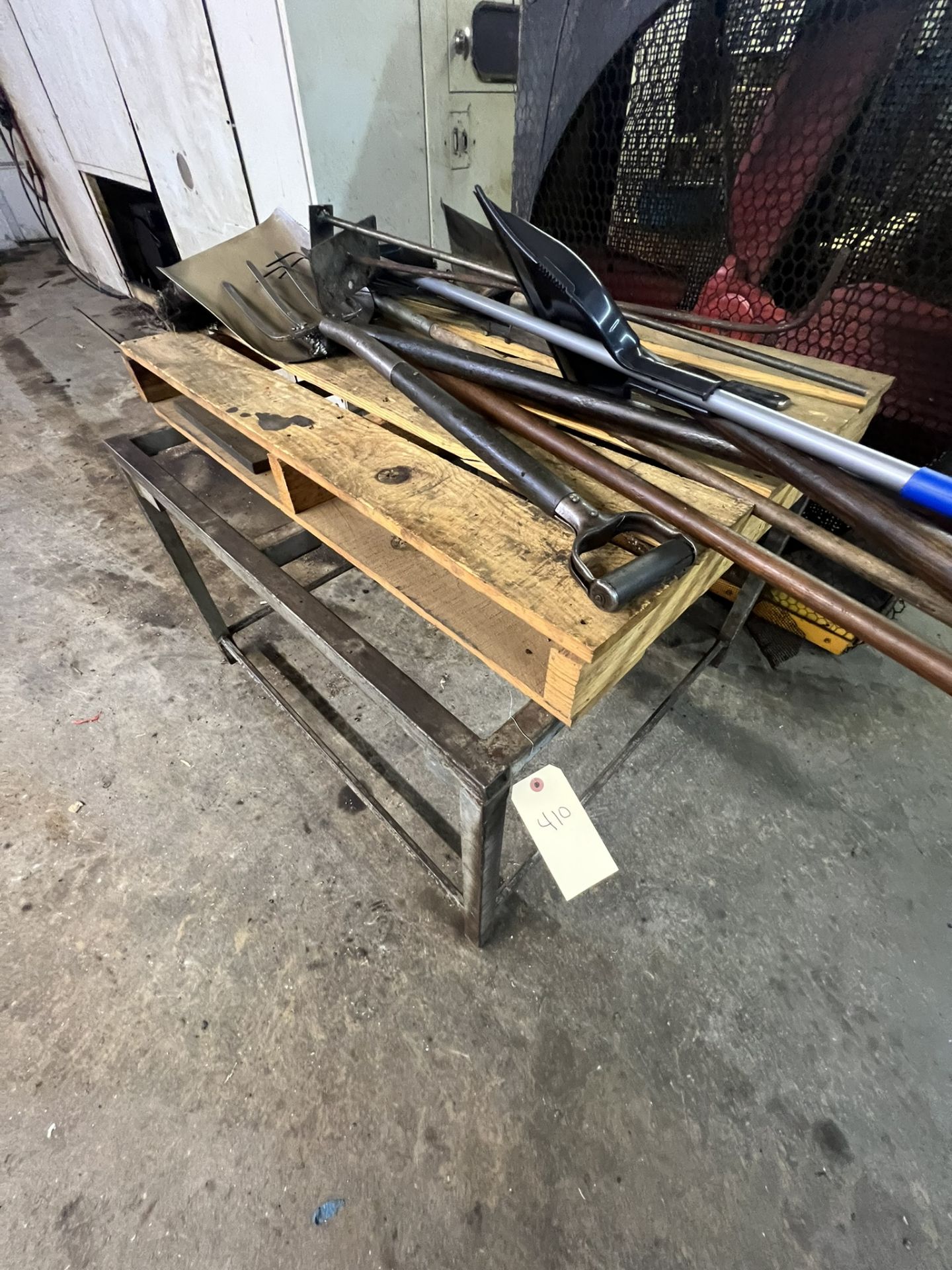 Lot of Shovels, Rakes, Brooms with 26inch pallet stand