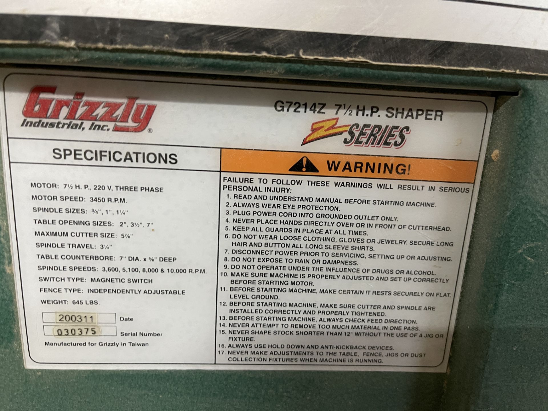 Grizzly G7214Z 7 1/2HP Z Series Shaper (2011) SN#030375 - Image 3 of 3