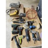 Dewalt Drill, Hitachi Light, Pneumatic Sanders, Porter Cable Finish Nailer, Hammer, Kobalt Pneumatic