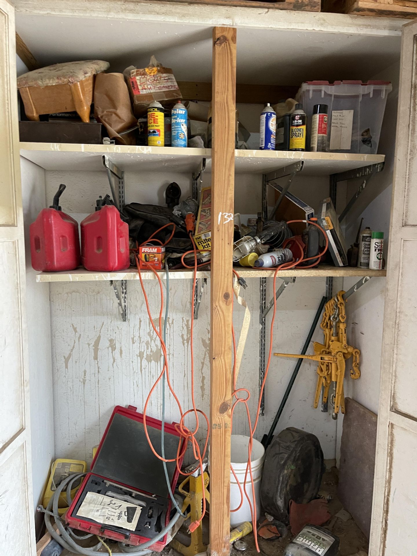 Contents of Cabinet 7 Binders, Everco Radial Compressor Tool, Gas Can, Lights, Etc.