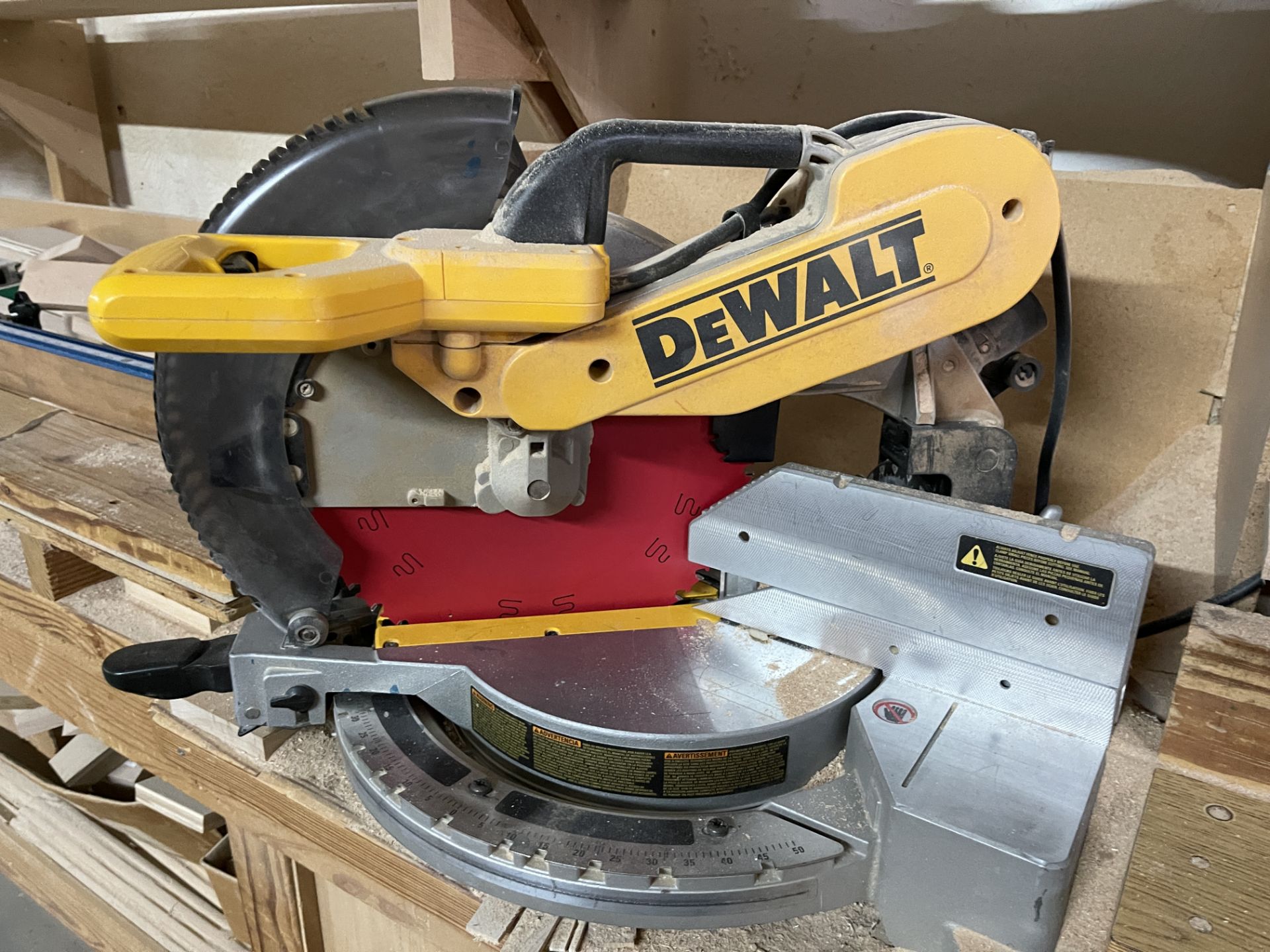 Dewalt Radial Arm Saw 12"with Kreg Stop on Table & Misc Wood - Image 2 of 4