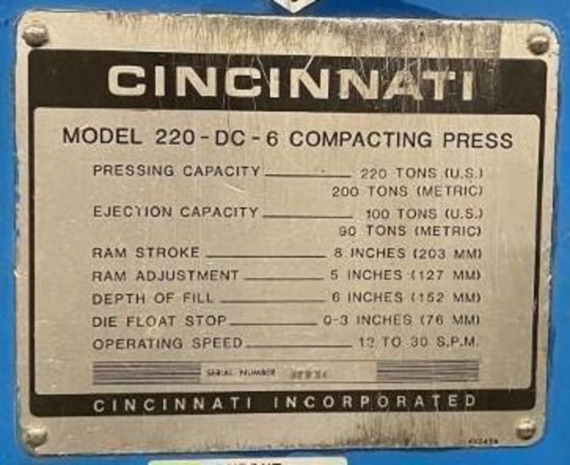 220 Ton Cincinnati #220-DC-6 Compacting Press - Image 4 of 4