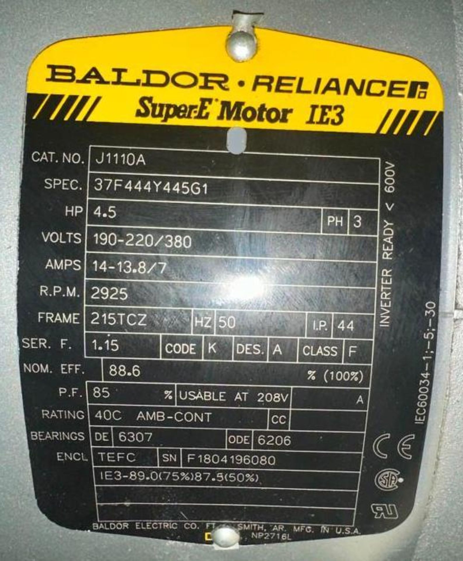 Gast Regenair #R6P355A 3PH, Vacuum Blower w/ Baldor #J1110A / Spec. 37F444Y445G1 SuperE Motor - Image 7 of 7
