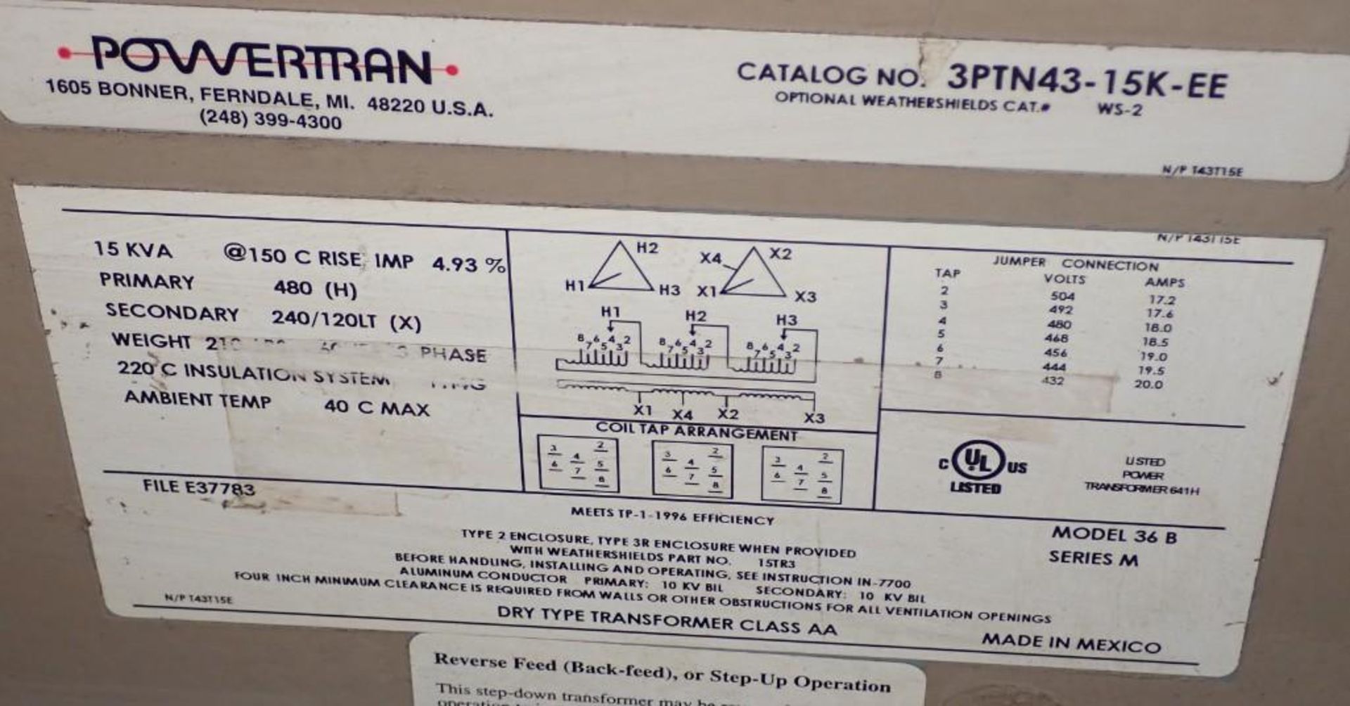 15 KVA Powertran #3PTN43-15K-EE Transformer - Image 4 of 4