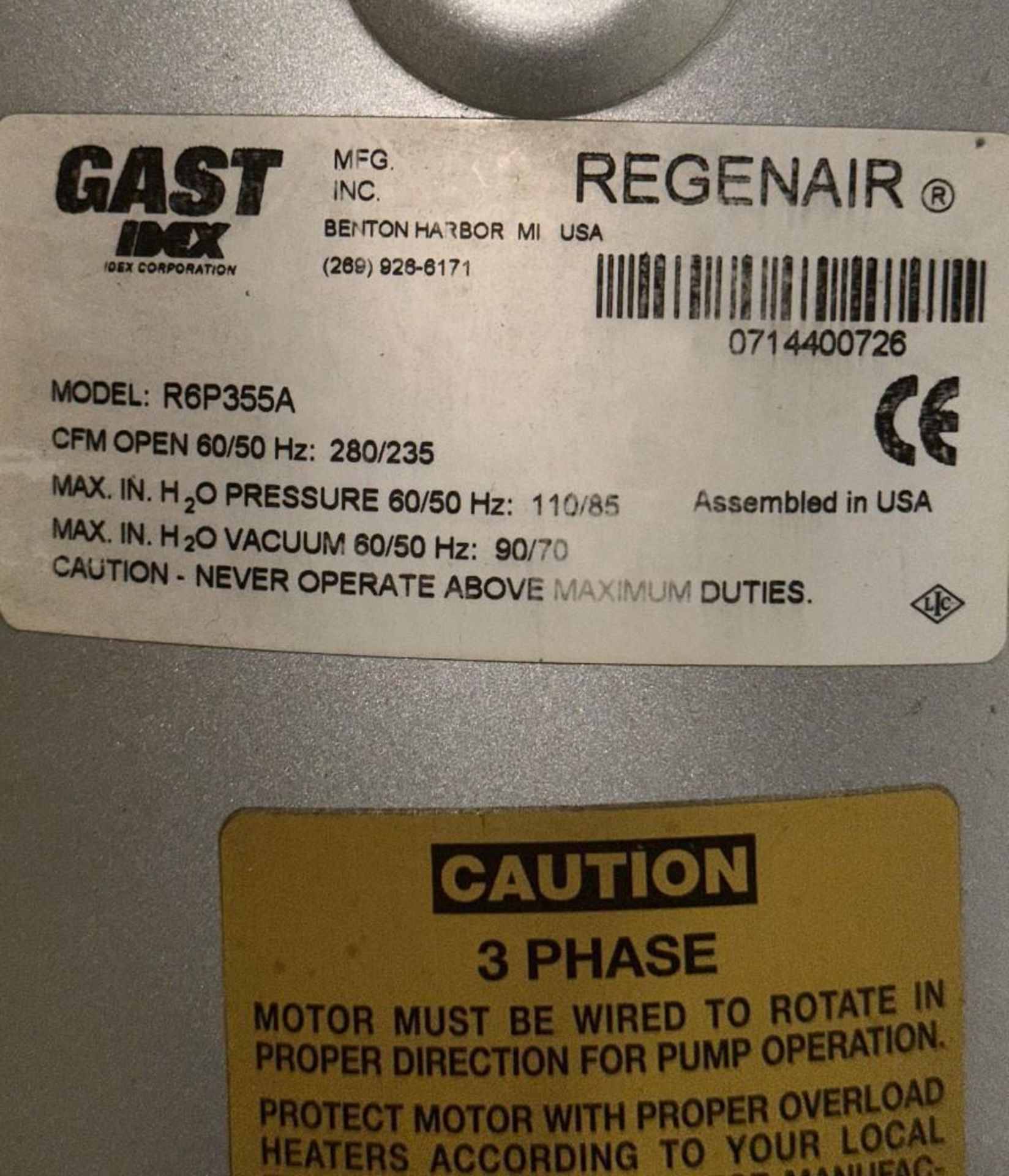 Gast Regenair #R6P355A 3PH, Vacuum Blower w/ Baldor #J1110A / Spec. 37F444Y445G1 SuperE Motor - Image 6 of 7