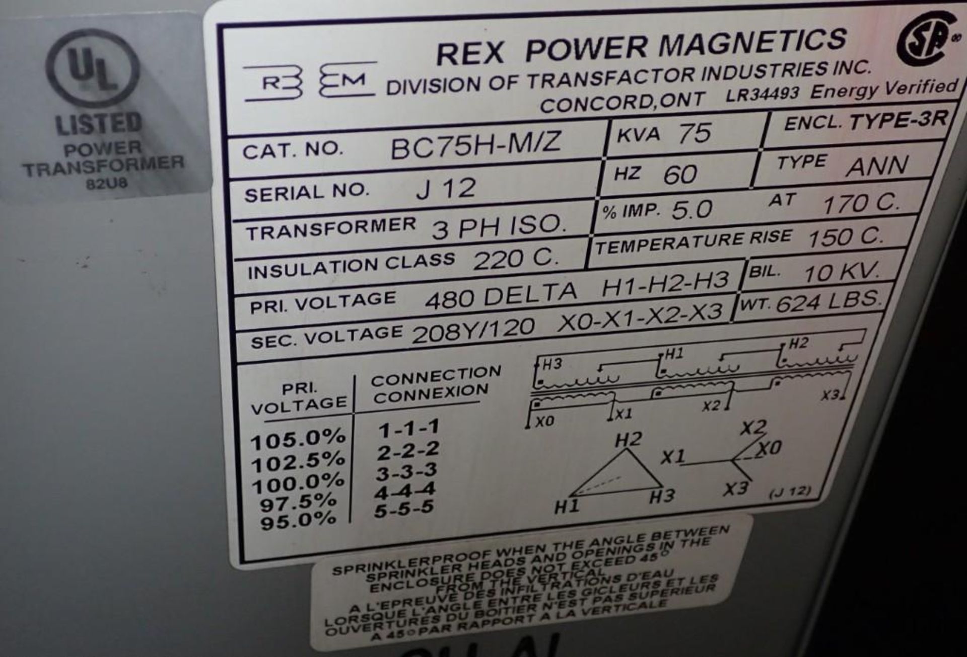 75 KVA Rex Power #BC75H-M/Z Transformer - Image 4 of 4