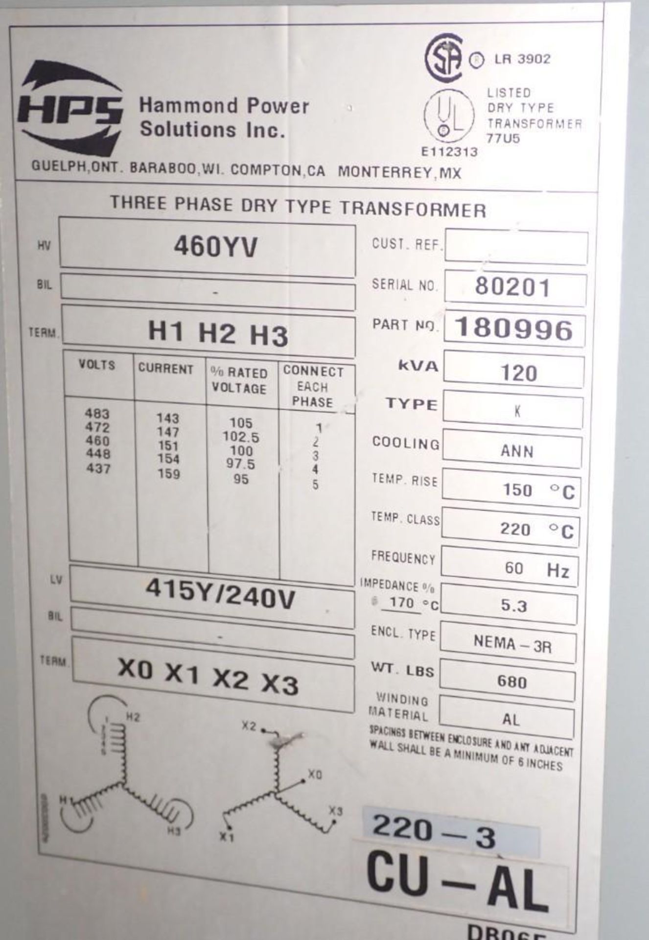 120 KVA Hammond #180996 Transformer - Image 4 of 4