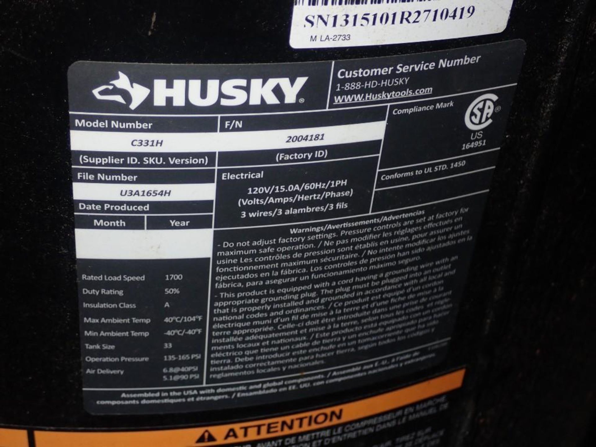 33 Gallon Husky #C331H Air Compressor - Image 5 of 5