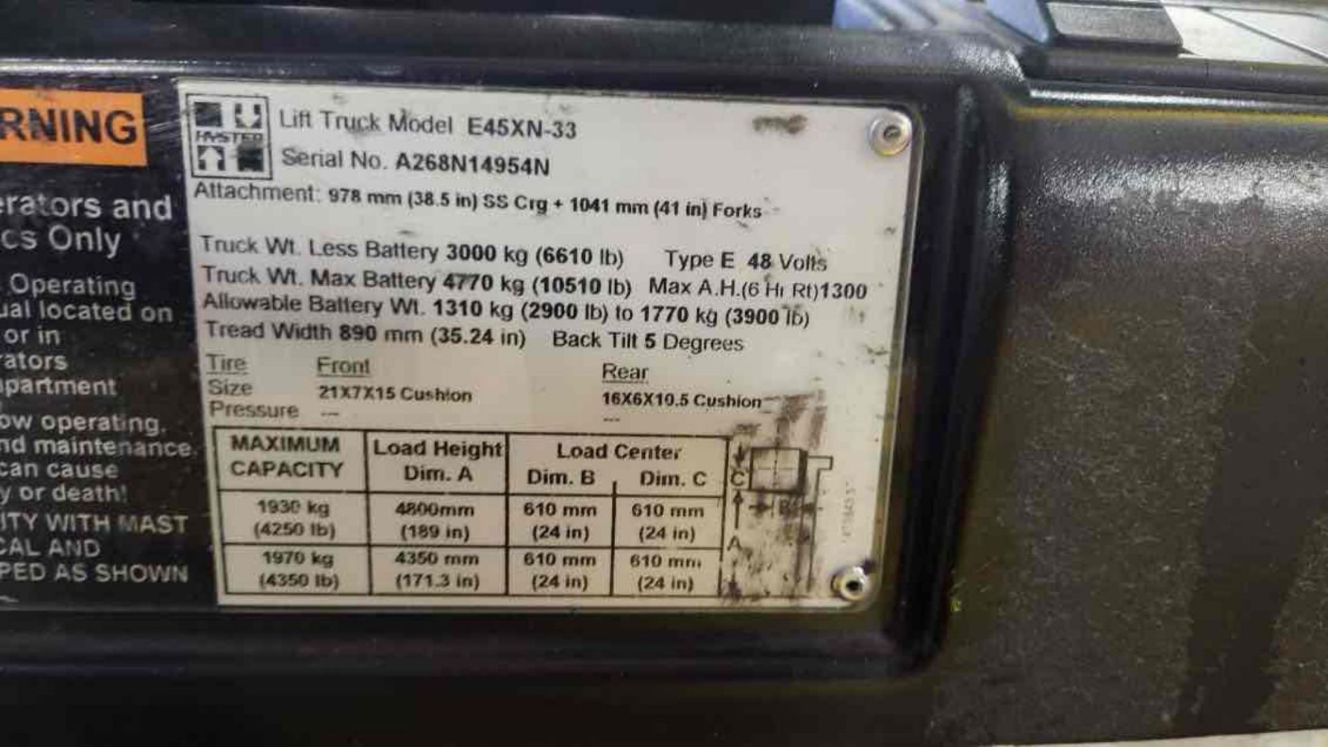 4,500 Lb. Cap Hyster E45XN-33 Electric Forklift - Image 2 of 9