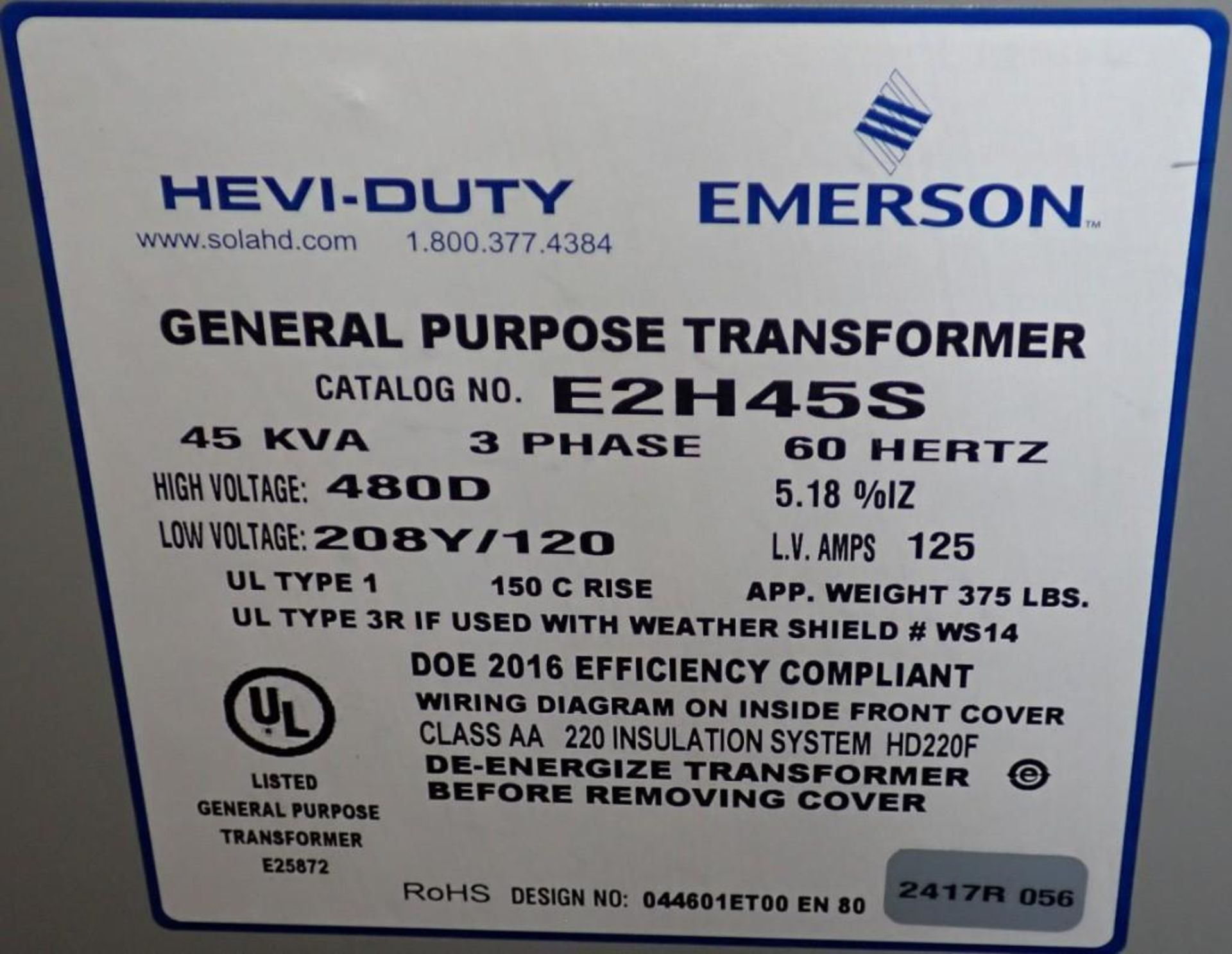 45 KVA Emerson #E2H45S Transformer - Image 4 of 4