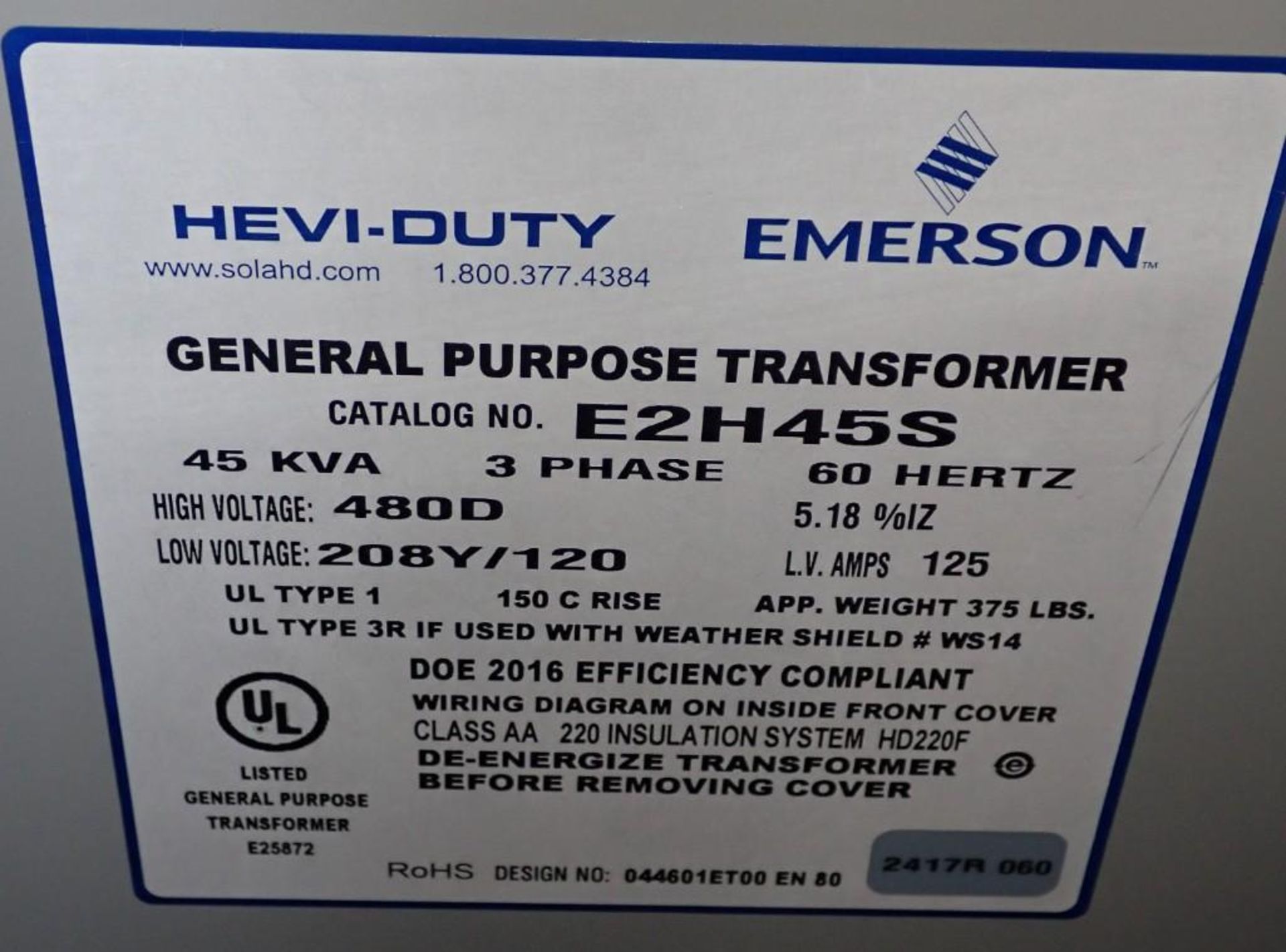 45 KVA Emerson #E2H45S Transformer - Image 4 of 4