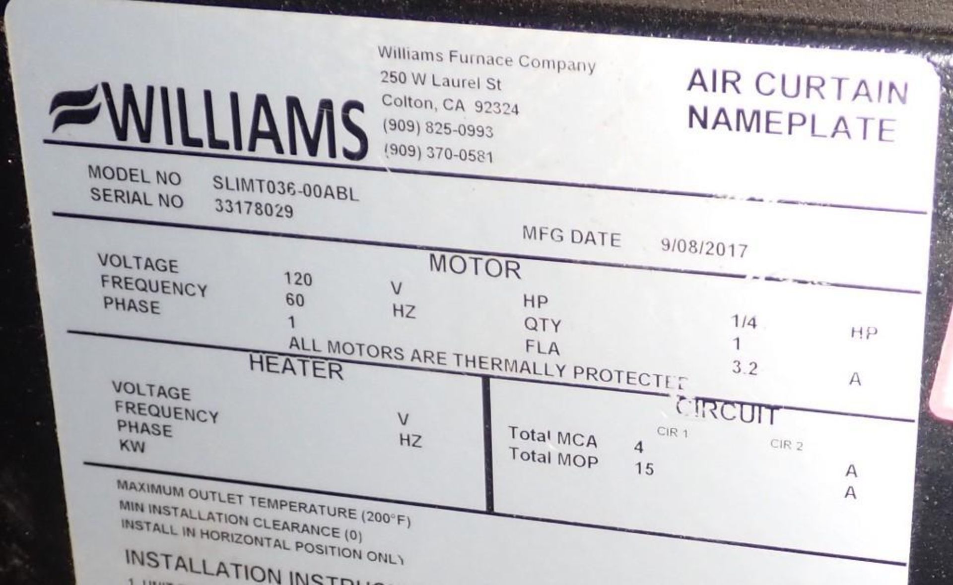 Williams #SLIMT036-00ABL Air Curtain - Image 5 of 6