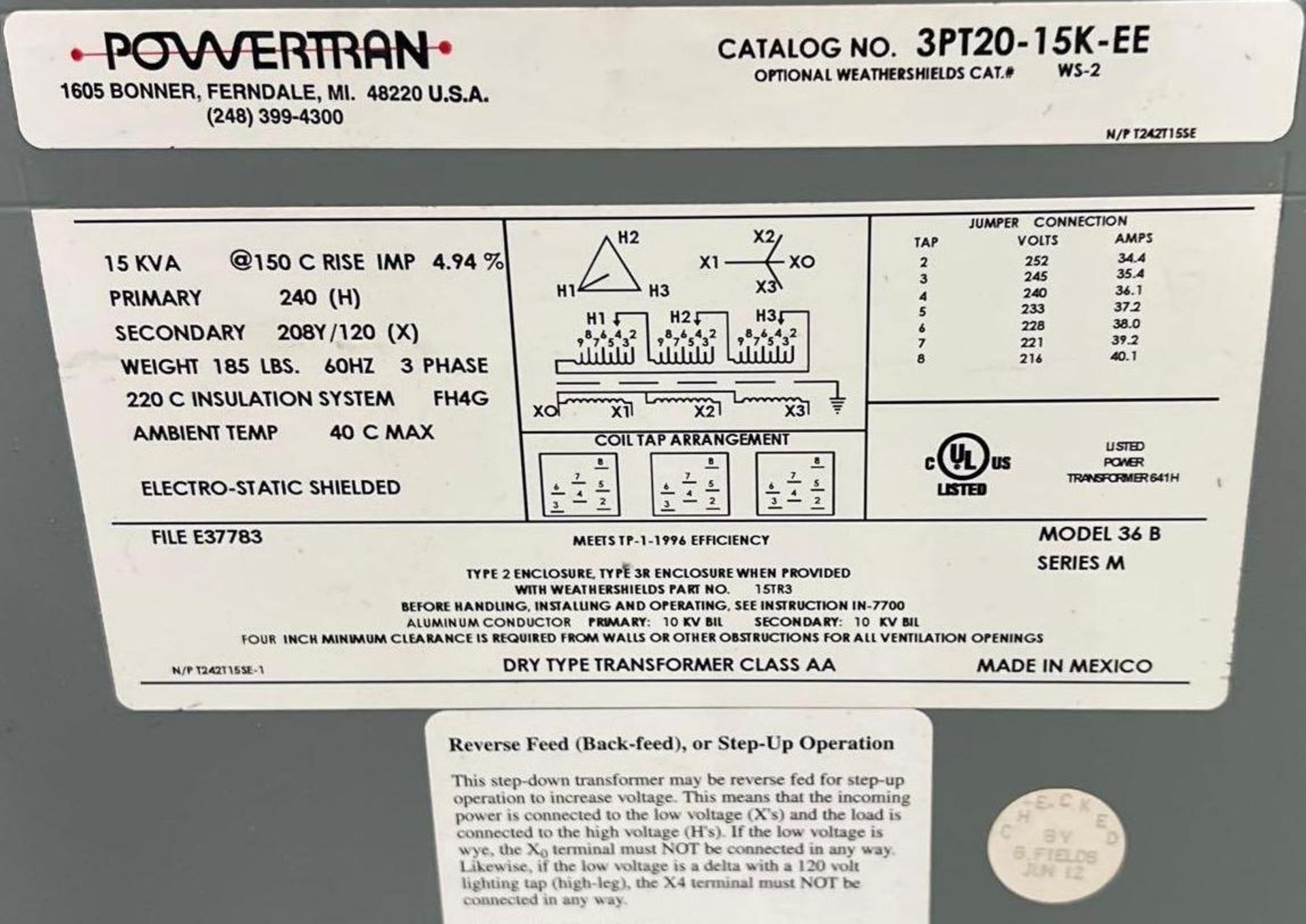 15 KVA Powertran 3 Phase Transformer - Image 3 of 4