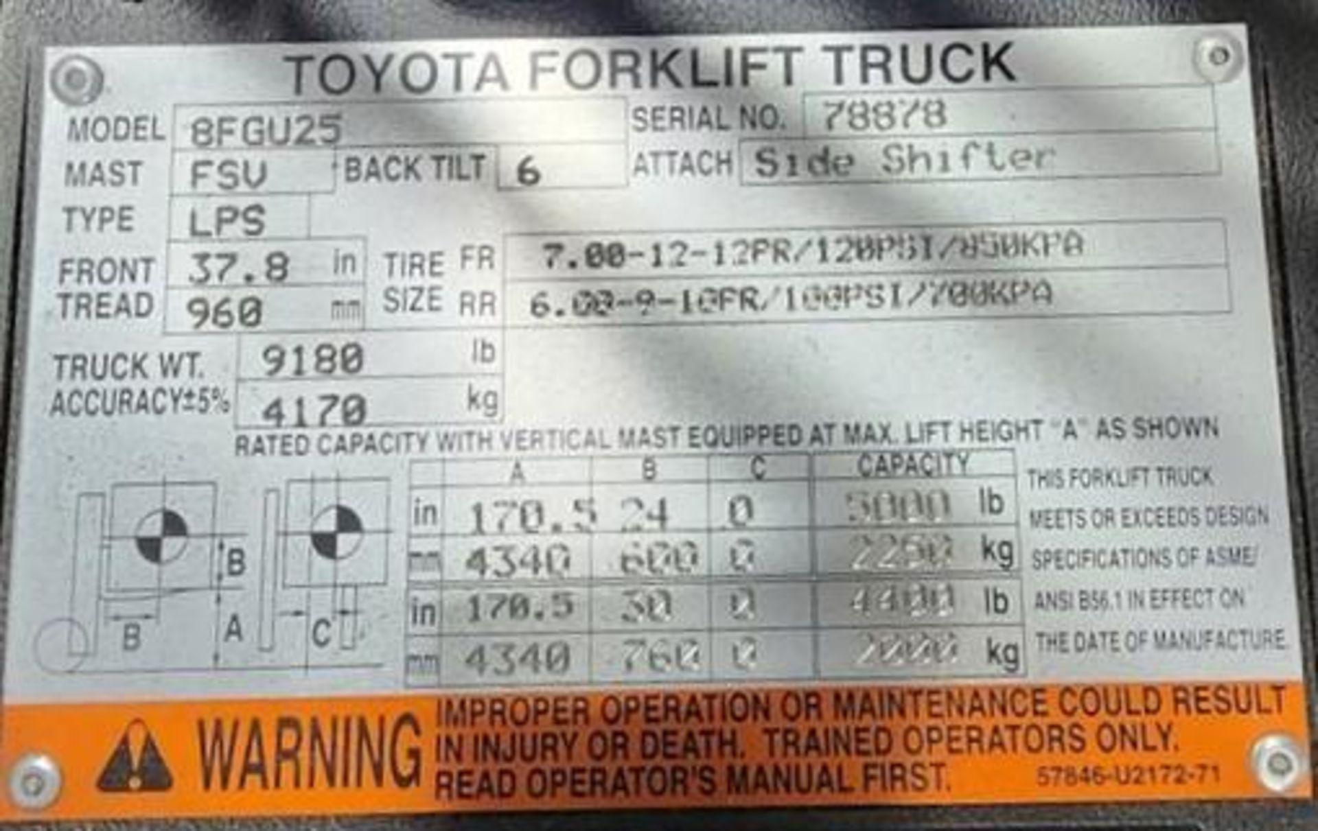5000 Lb. Toyota #8FGU25 Propane Forklift - Image 6 of 6