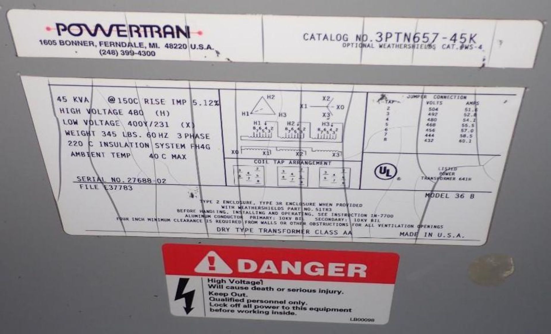 45 KVA Powertran #3PTN657-45K Transformer - Image 3 of 3