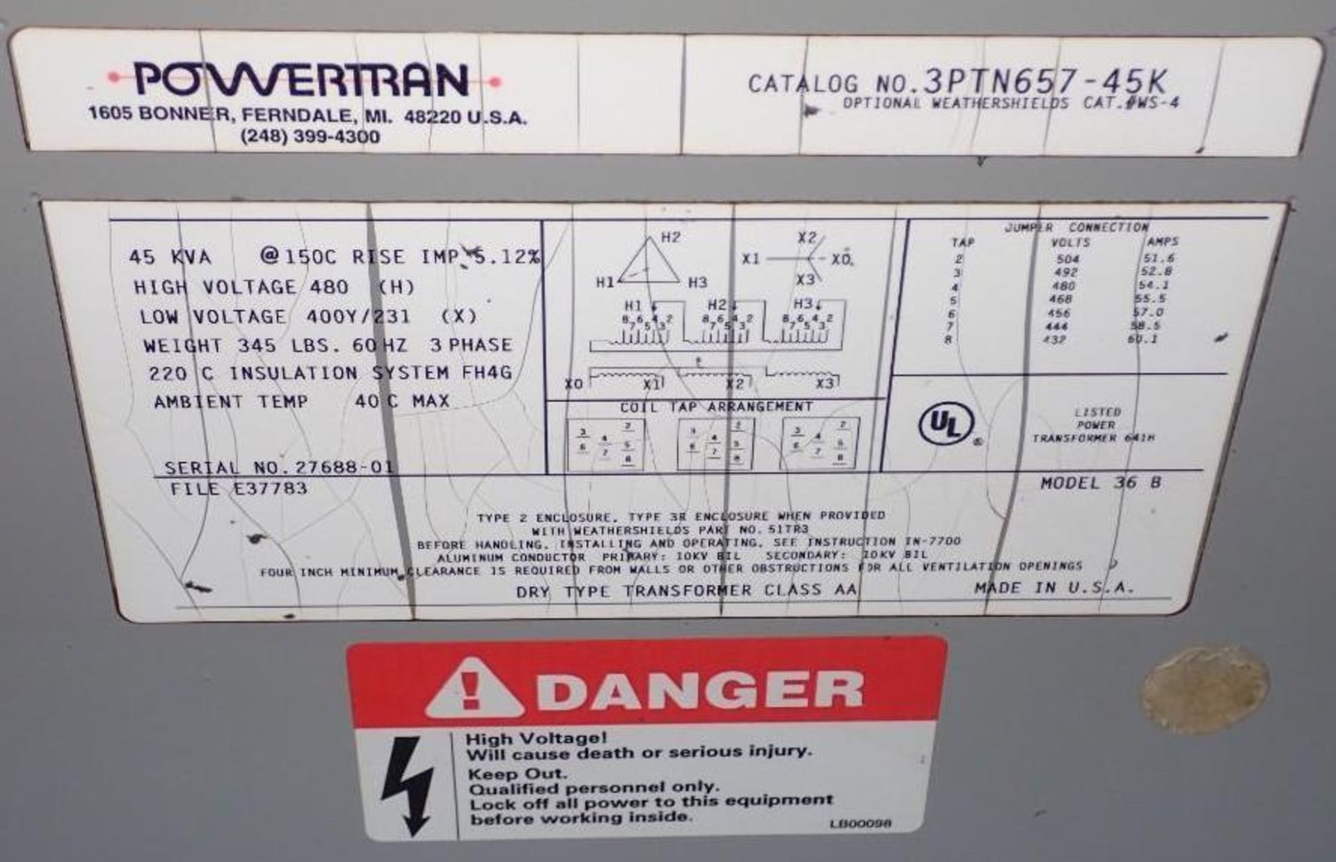 45 KVA Powertran #3PTN657-45K Transformer - Image 3 of 3