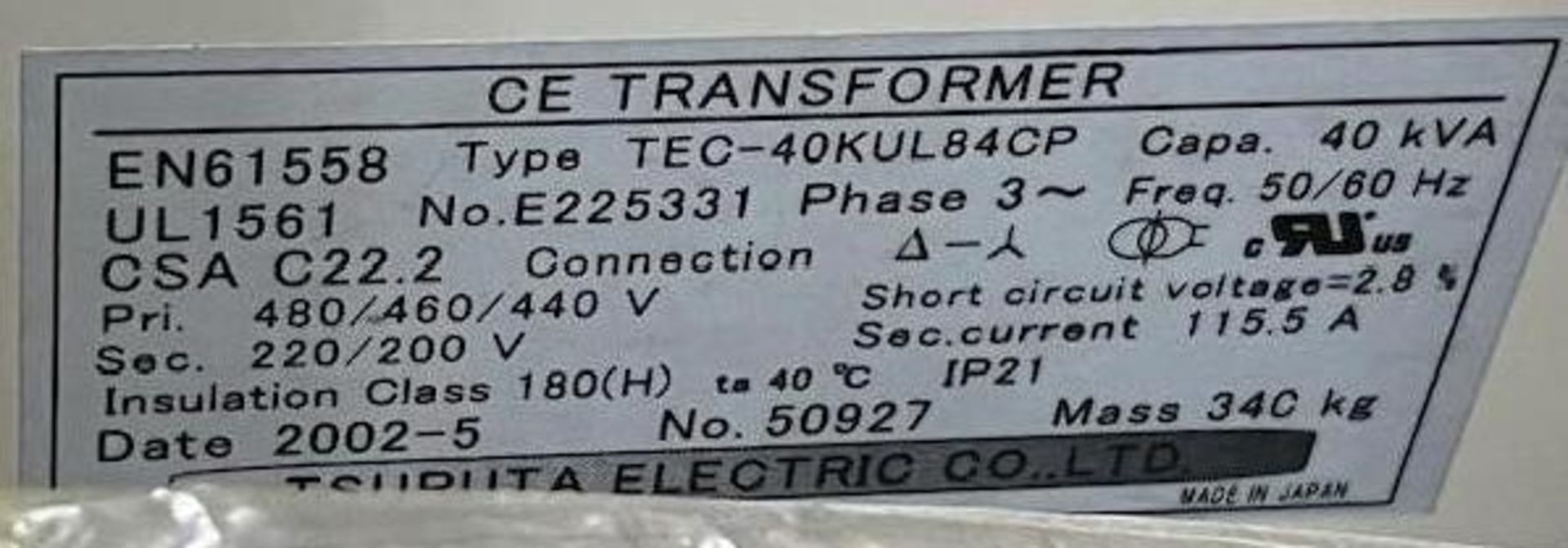 *UNUSED* 40 KVA TSURUTA CE Electric Transformer - Image 2 of 3