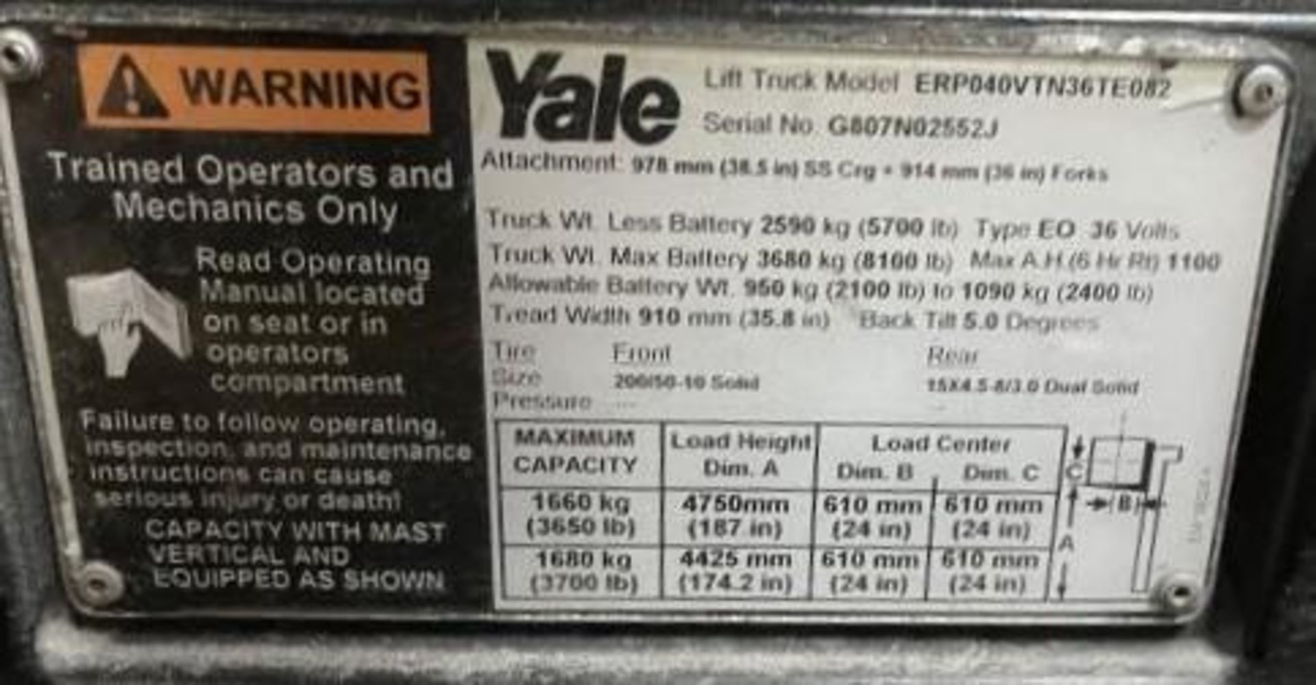 3700 Lb. Yale #ERP040VTN36TE082 Electric 3 Wheel Forklift - Image 4 of 4