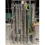 Rack of Miscellaneous Chains, Hooks, Chain Hoists and Rigging Straps