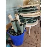 Various Round Plastic Outdoor Table Tops and Rubbermaid Trash Container Full of Legs (located