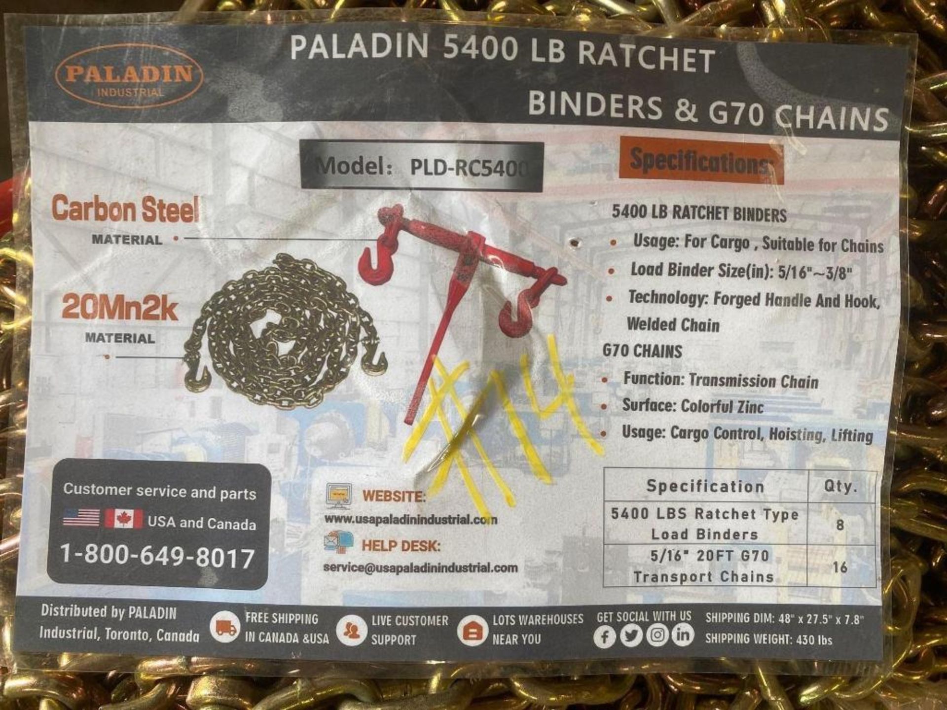 (8) New Paladin 5400lb Ratchet Binders & (16) New G70 5/16 x 20ft Chains - Image 2 of 2