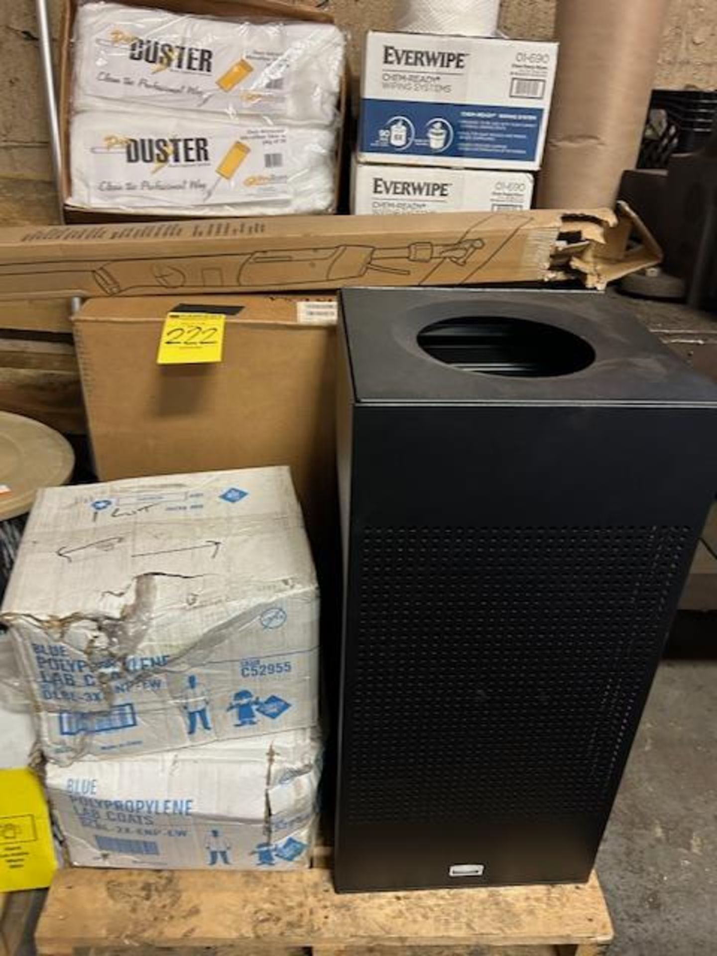 LOT - (2) Skids of Janitorial Supplies, (1) Heavy Duty Garbage Can, Dispensers, Dust Cloths and