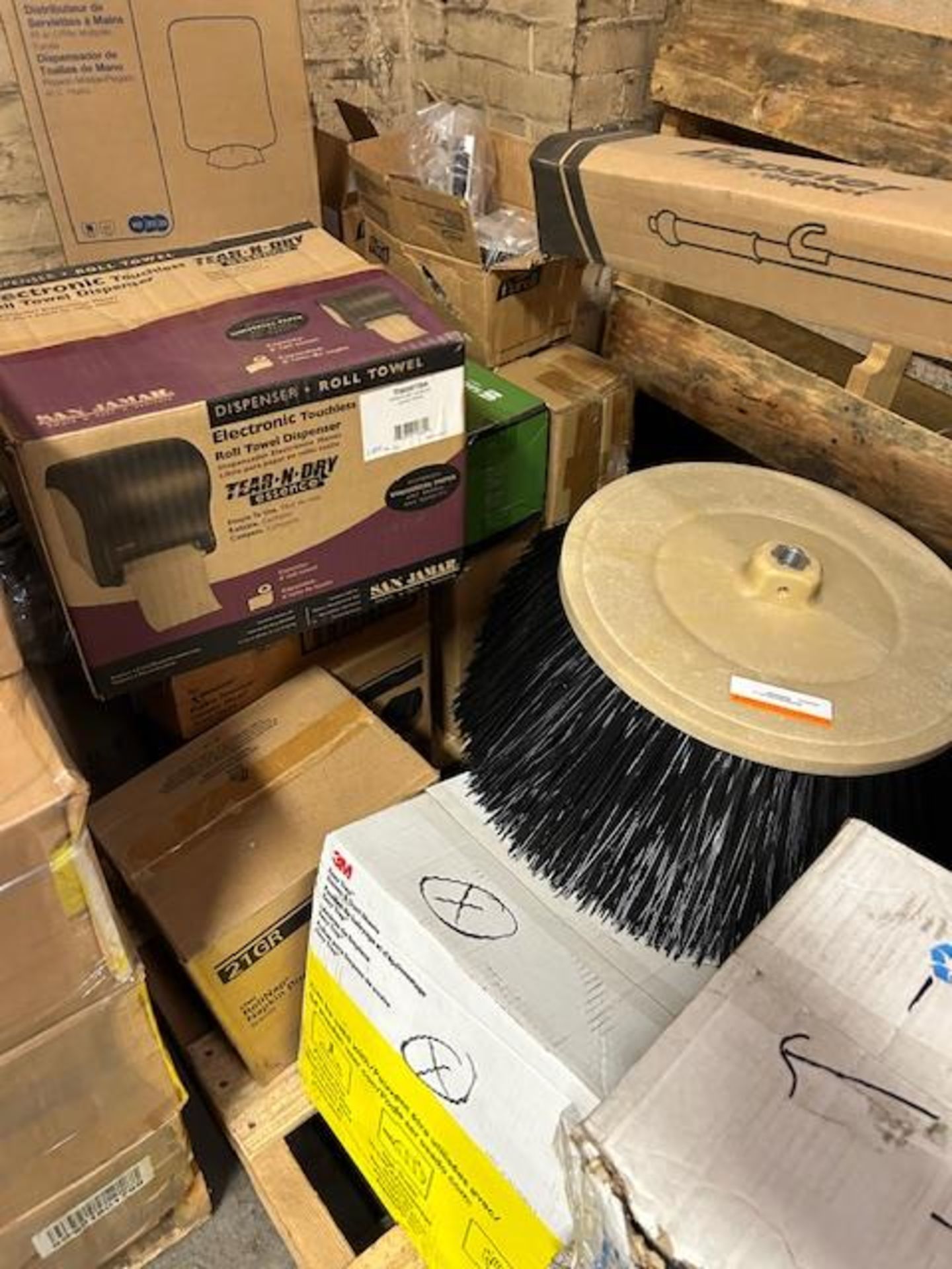 LOT - (2) Skids of Janitorial Supplies, (1) Heavy Duty Garbage Can, Dispensers, Dust Cloths and - Image 2 of 5